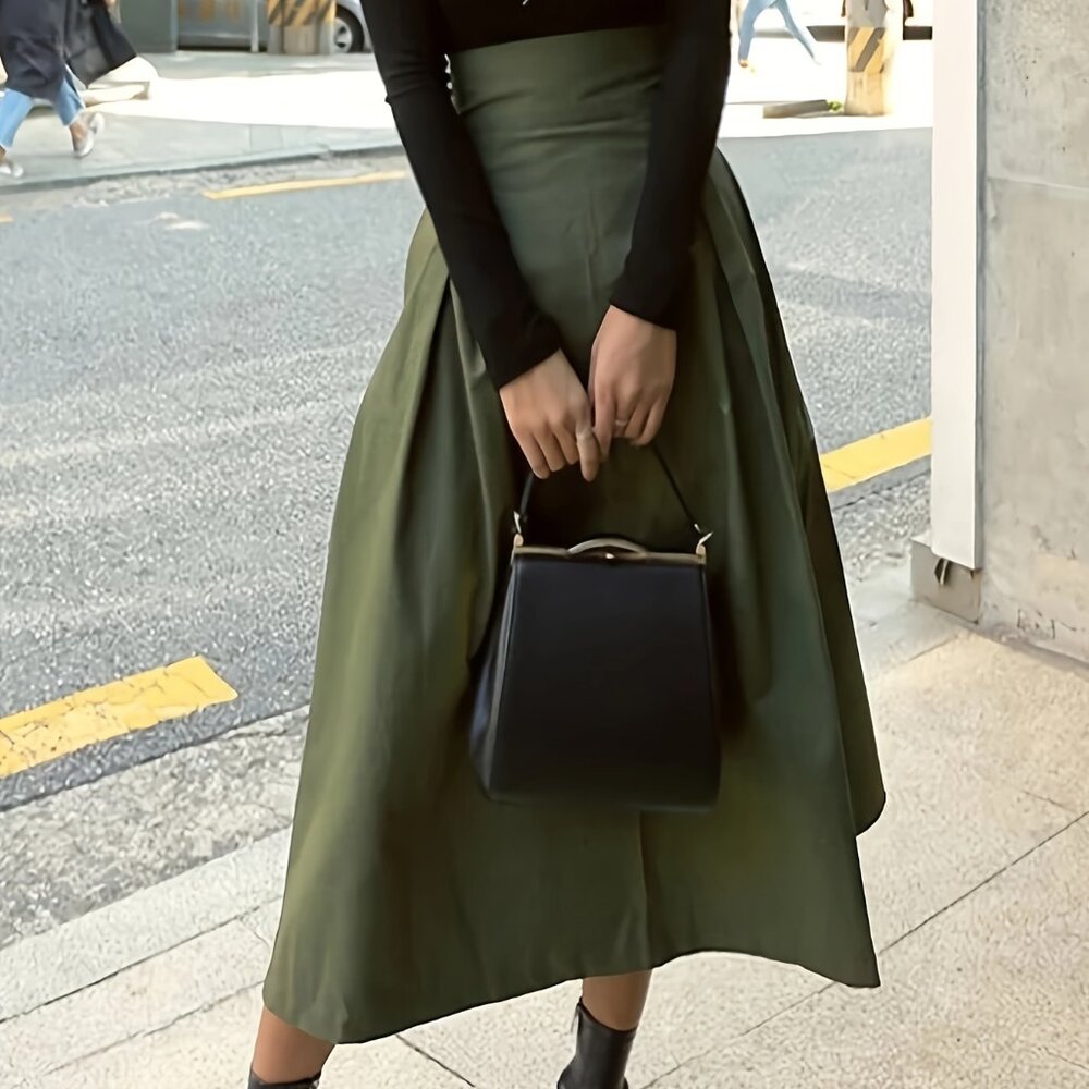 Elegant Army Green Polyester A-Line Skirt with Belt - Picture 4 of 7